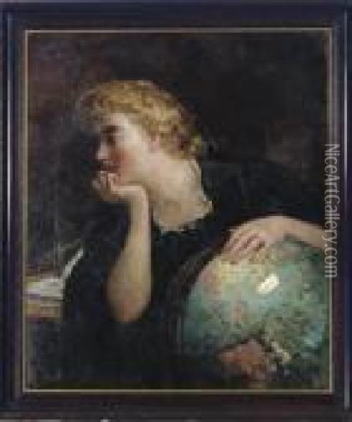 Lady Resting Her Hand On A Globe Oil Painting - James Carroll Beckwith