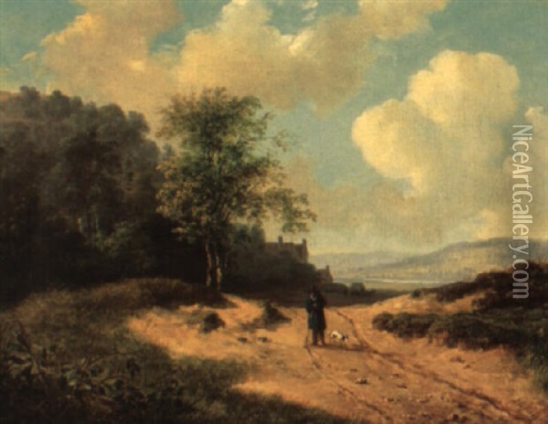 A Summer Landscape With A Man And His Dog On A Path Oil Painting - Andreas Schelfhout