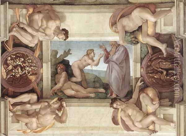 Creation of Eve (with ignudi and medallions) 1509-10 Oil Painting - Michelangelo Buonarroti