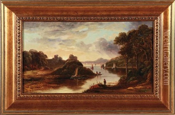 River Landscape With Castle Oil Painting - John Knox