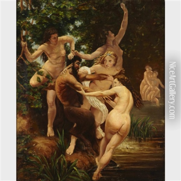 Les Nymphes Et Le Satyre After William Adolphe Bouguereau (1825-1905) Oil Painting - Vojtech Adalbert Hynais