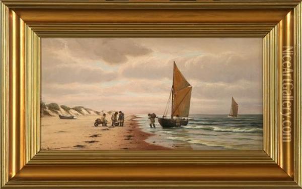 Fishermen And Boats On The Beach Oil Painting - Johann Jens Neumann
