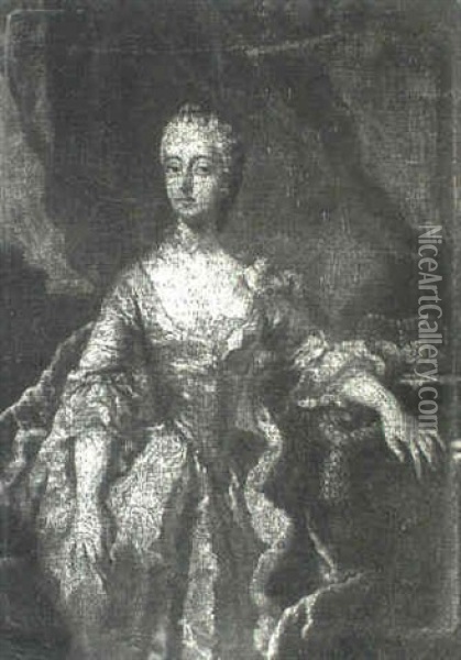 Portrait Of A Queen, Possibly Maria Leczinka, Standing      Three-quarter Length In A Draped Collonade Beside A Table Oil Painting - Antoine Pesne