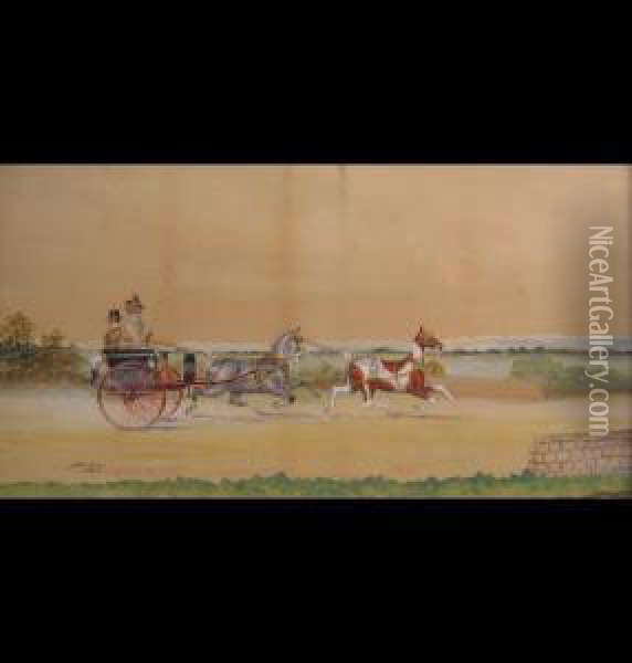A Lady Driving A Trap With Twohorses On A Country Road Oil Painting - Henry William Standing