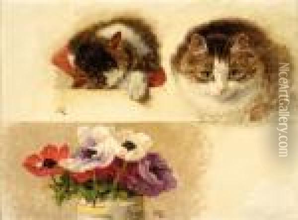 A Sketch Of Two Kittens And Flowers In A Pot Oil Painting - Henriette Ronner-Knip