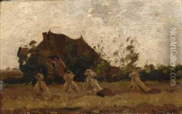 Farm With Sheafs Of Wheat Oil Painting - Hendrik Otto Van Thol