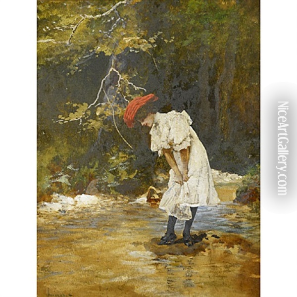 Girl In A Hat By A Brook Oil Painting - Antal (Laszlo) Neogrady