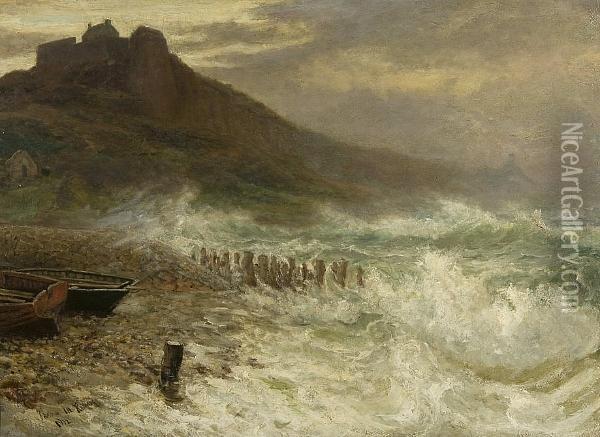 Coastal Scene Thought To Depict Bamburgh Castle Oil Painting - Thomas Marie Madawaska Hemy