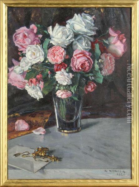 Stilleben Med Rosor Och Smycke, Signerad O Daterad R Konopa 1920 Oil Painting - Rudolf Konopa