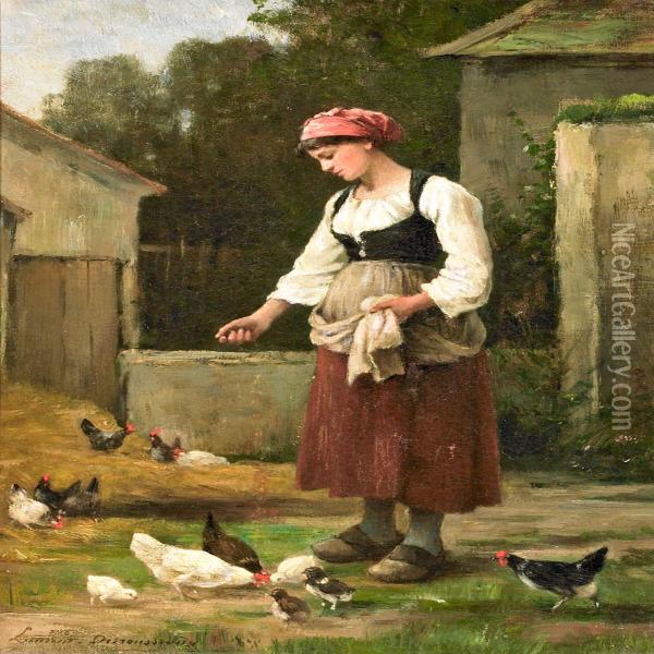 Farm Exterior With A Young Girl Oil Painting - Henri Laurent-Desrousseaux