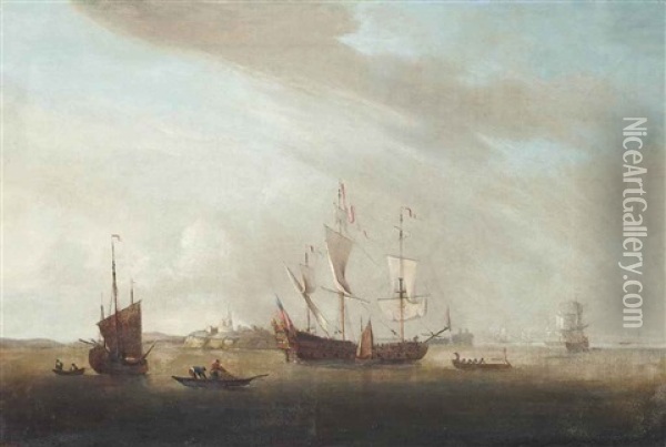 A Royal Navy Two-decker Getting Underway From Her Anchorage Off A Fortified Headland, Thought To Be The Channel Islands Oil Painting - Robert Woodcock