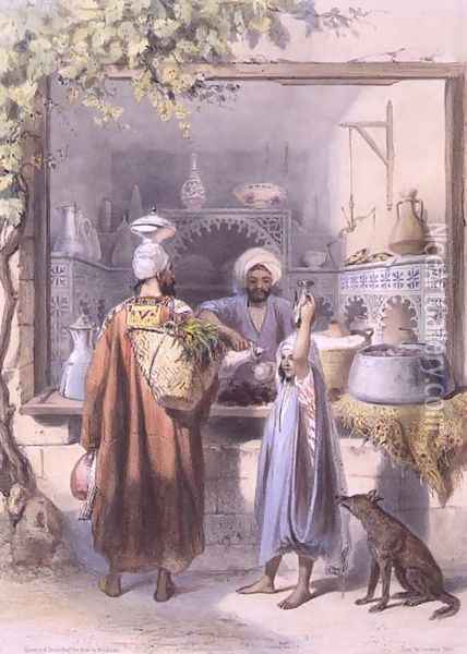 A Zeyat or Oil Seller with Customers in his Shop in Cairo, illustration from The Valley of the Nile, engraved by Mouilleron, pub. by Lemercier, 1848 Oil Painting - Emile Prisse d'Avennes