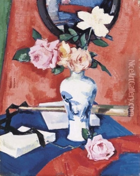 Roses In A Vase Against An Orange Background Oil Painting - Samuel John Peploe