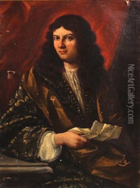 A Portrait Of A Gentleman, Three-quarter-length, Seated, Holding A Letter (giovanni Battista De Granchi?) Oil Painting - Giovanni Maria Delle Piane