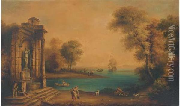 A Coastal Landscape With Shipping And Figures By A Classicalfountain Oil Painting - Claude Lorrain (Gellee)