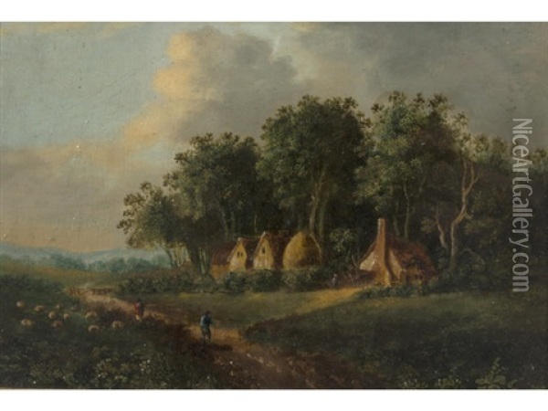 Drover And Sheep In A Coutry Lane (+ Another Landscape; 2 Works) Oil Painting - Obadiah Short