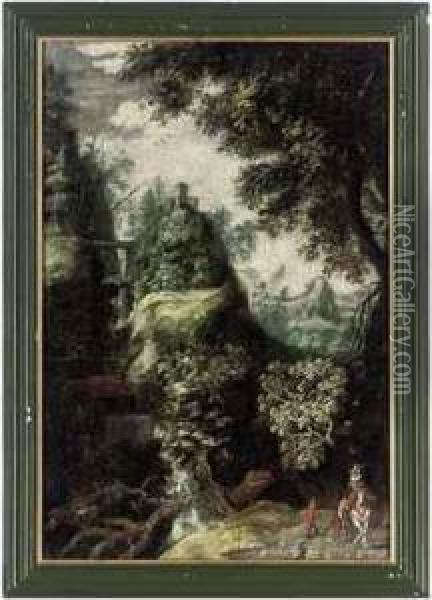 Figures In A Mountainous, Wooded Landscape With A Waterfall Oil Painting - Frederik van Valkenborch