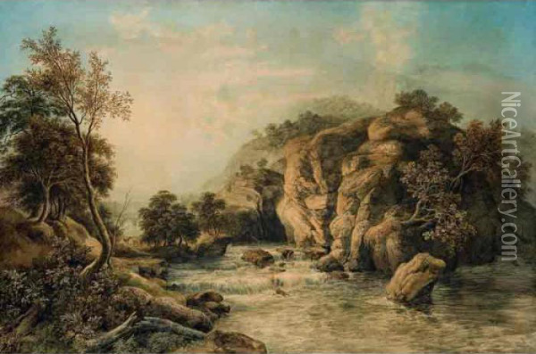 Lake District Landscape With Stream And Horses Oil Painting - John Glover
