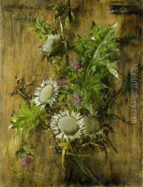 Blumenstilleben Mit Einem Straus Silberdisteln An Einer Holztur Oil Painting - Hermione von Preuschen
