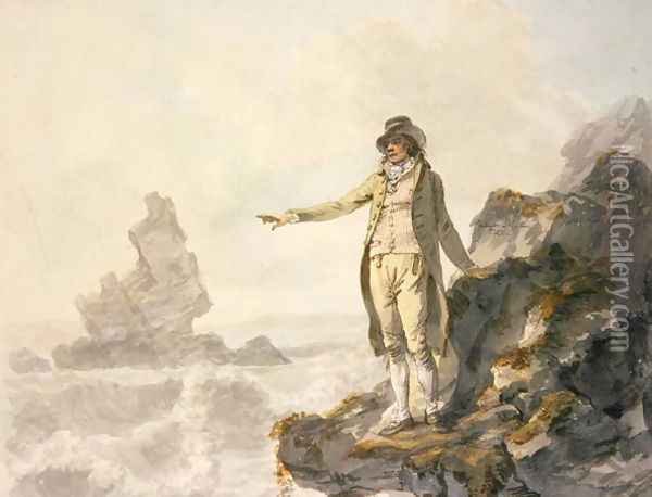 The Guide to the Stackpole Scenery pointing to Stack Rock Pembrokeshire Oil Painting - Julius Caesar Ibbetson