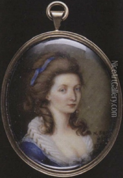 A Lady Wearing Blue Dress, White Lace Collar, A White Bow At Her Corsage, A Matching Blue Ribbon In Her Brown Hair Oil Painting - Nicolas Soret