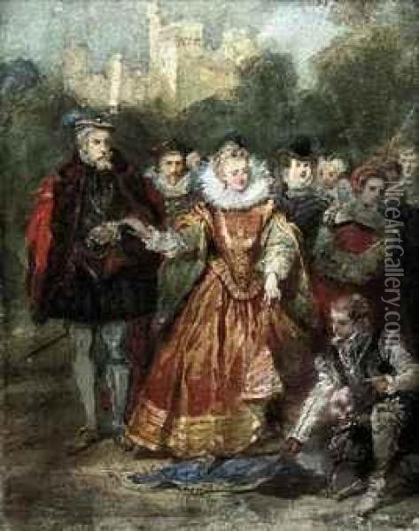 Sir Walter Raleigh Laying His Cloak Before Elizabeth I Oil Painting - Eugene Louis Lami