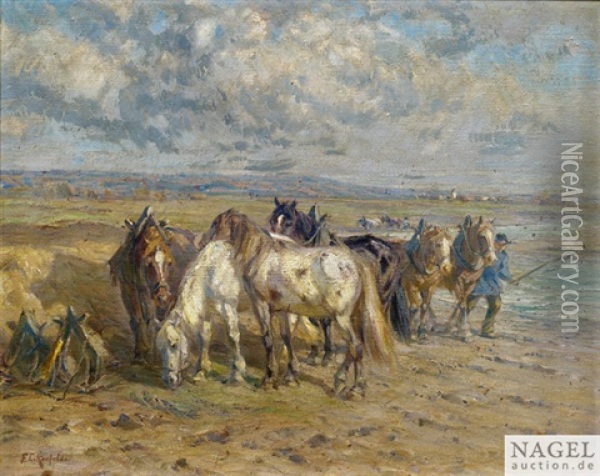 Verschnaufpause Der Pferde Beim Pflugen Oil Painting - Friedrich Eckenfelder