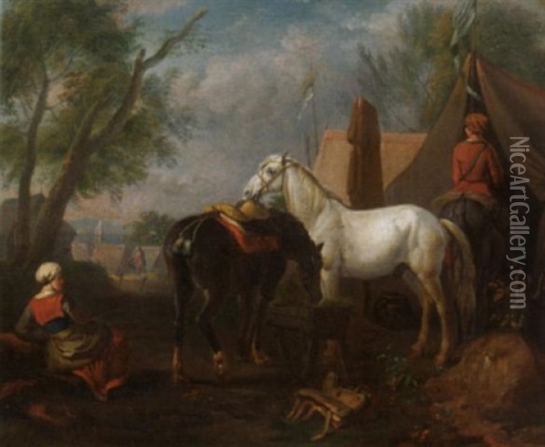Zwei Pferde Am Futtertrog Im Zeltlager Oil Painting - August Querfurt