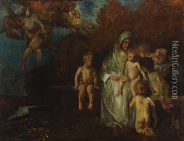 Madonna With The Infant Jesus And John The Baptist Surrounded By Putti Oil Painting - Carl von Marr