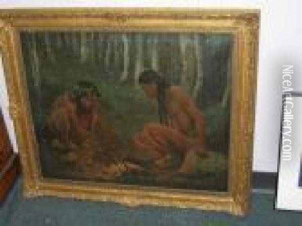 American Indians Seated By A Campfire Oil Painting - Eanger Irving Couse
