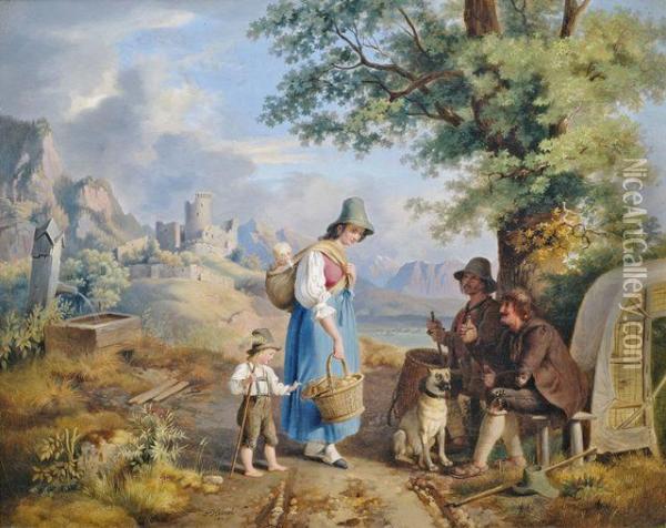 Tirolerin Mit Ihren Kindern Auf Dem Nachhauseweg Vom Markt Im Gesprach Mit Bauern Oil Painting - Johann Philipp Heinel