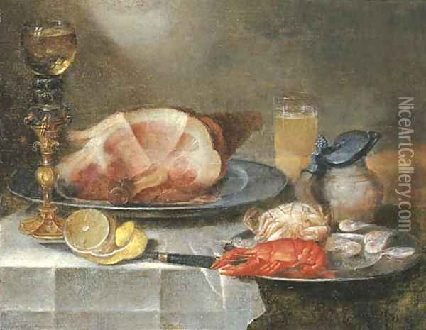 A ham, a lobster, a crab and shrimps on pewter plates with a roemer on a gilt stand, a glass of beer, an earthenware jug Oil Painting - Alexander Adriaenssen