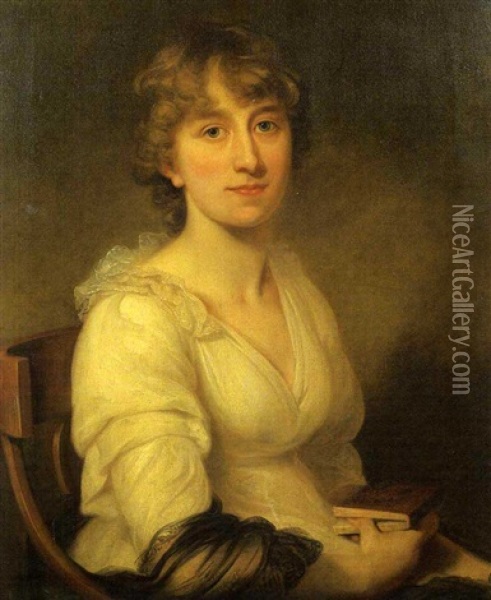 Portrait Of A Woman Seated, Wearing A White Dress And Holding A Book Oil Painting - Joseph Allen