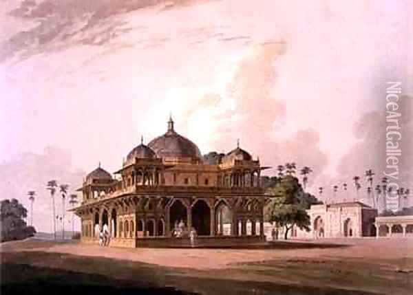 The Mausoleum of Mucdoom Shah Dowlut at Moneah on the River Soane Oil Painting - Thomas Daniell