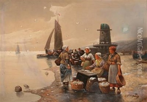 Fishermens' Wives On A Beach Oil Painting - Adolf (Constantin) Baumgartner-Stoiloff