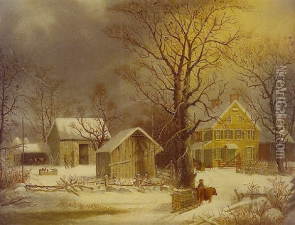 Winter Landscape With Figures Working Around Stone Home, Barn And Outbuilding Oil Painting - George Henry Durrie