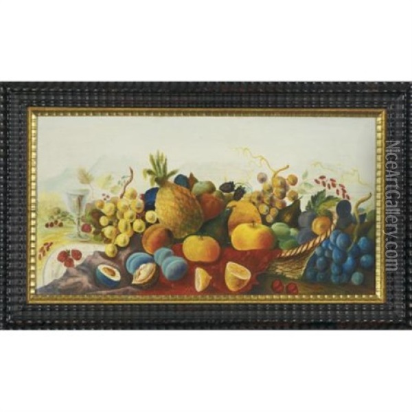 A Still-life With Fruit And Mountains Oil Painting - Joseph Henry Hidley