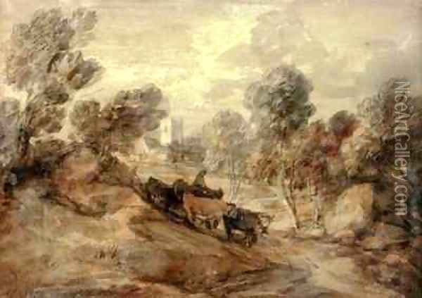 A Herdsman with Cattle on the Outskirts of a Village Oil Painting - Thomas Gainsborough