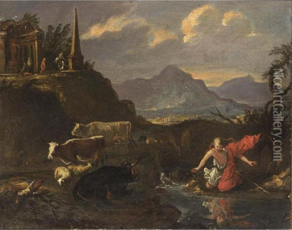 An Extensive Mountainous Landscape With Narcissus Gazing In A Pond Oil Painting - Francesco Zuccarelli