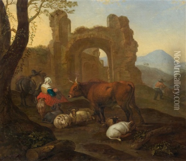 Family Of Herders Before A Set Of Ruins Oil Painting - Theodor Roos