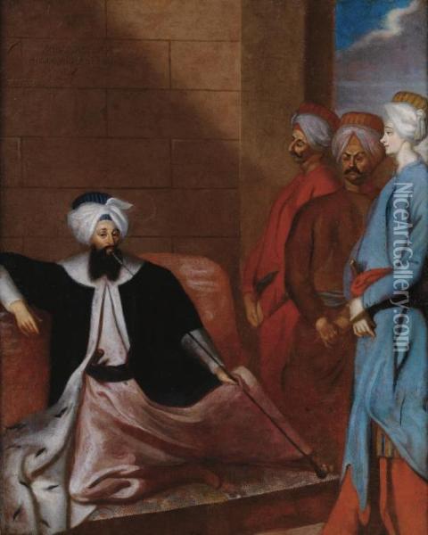 Mustafa Aga, Ottoman Ambassador To The Swedish Court With Three Attendants Oil Painting - Georg Hermann Engelhardt