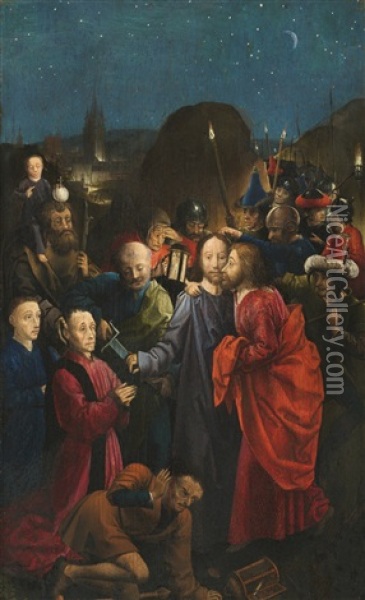 The Left Wing Of The Dreux Bude Triptych: The Betrayal And Arrest Of Christ, With The Donor Dreux Bude And His Son Jean Presented By Saint Christopher Oil Painting -  Master of the Dreux Bude triptych