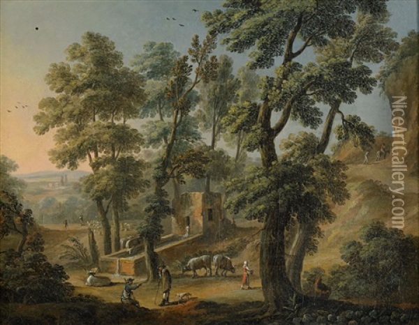 Klassiskt Landskap Med Figurer Och Boskap Vid En Fontan Oil Painting - Marco Ricci