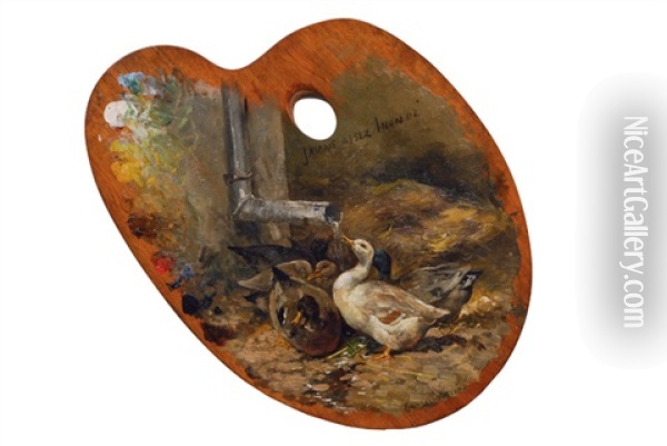 Drinking Ducks Oil Painting - Frans Van Leemputten