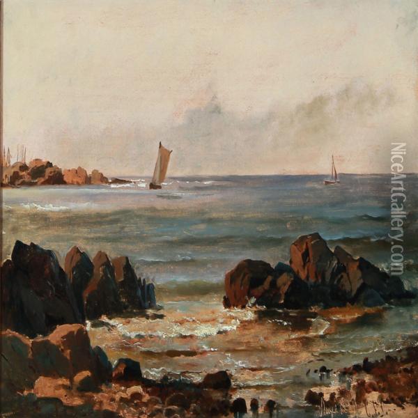 Coastal Scape With A Sailing Boat Near Rocks Oil Painting - C. F. Sorensen