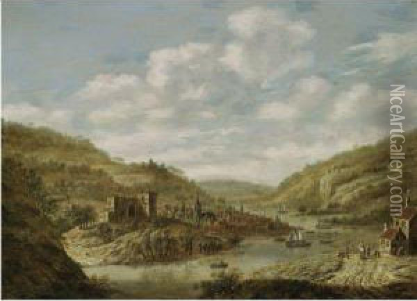 An Extensive River Landscape With A View Of A Town, Figures On Apath In The Foreground Oil Painting - Dionys Verburgh