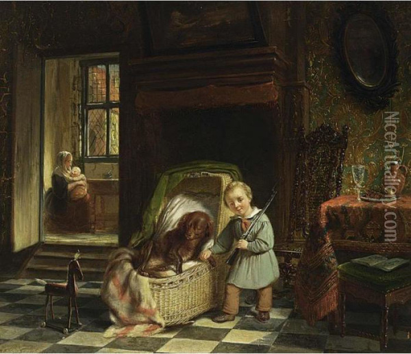 A Child Playing In An Interior Oil Painting - Hendricus Engelbertus Reijntjens