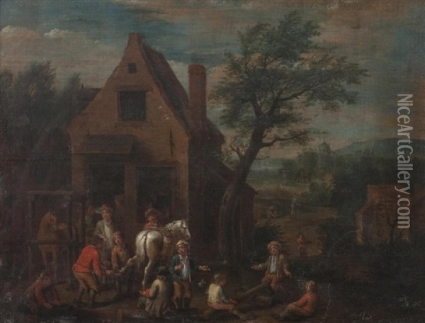 Outside The Farrier's Oil Painting - Pieter Angillis