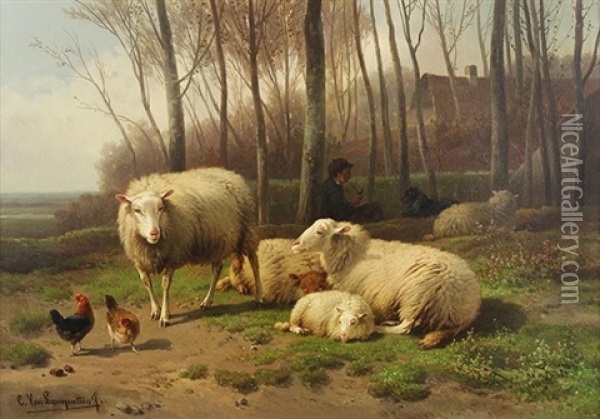 Figure With Dog, Sheep And Chickens Oil Painting - Cornelis van Leemputten