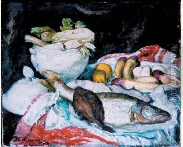 Nature Morte Aux Legumes Et Aux Poissons (1930) Oil Painting - David O. Widhopff